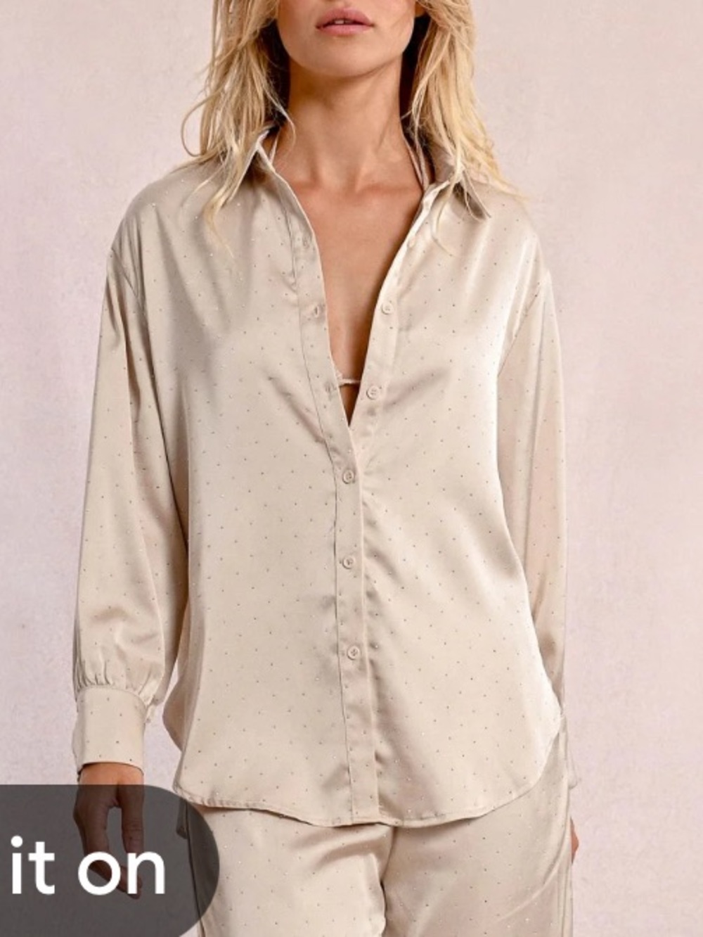 Le Soir by Molly Bracken beige/tan studded satin long sleeve blouse small